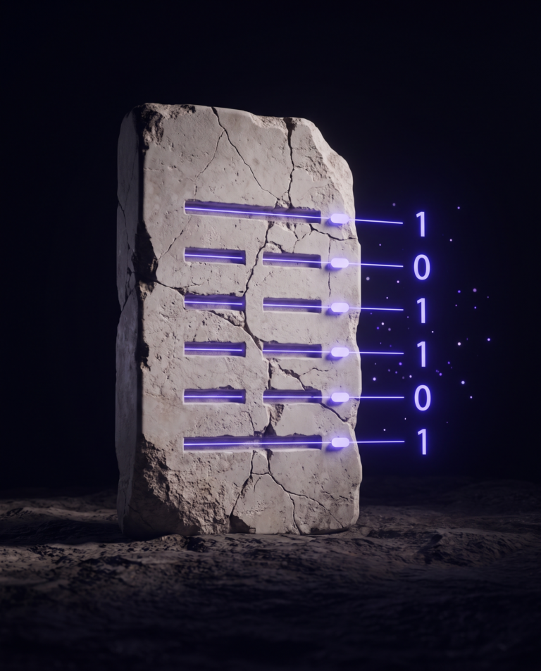 Cracked stone tablet streaming glowing binary code – the protocol