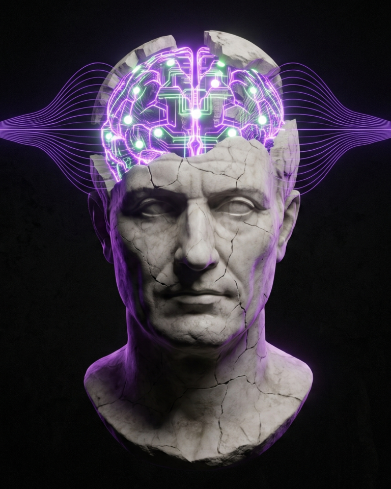 Cracked stone bust with an exposed glowing circuit brain – observing your own mind from the outside