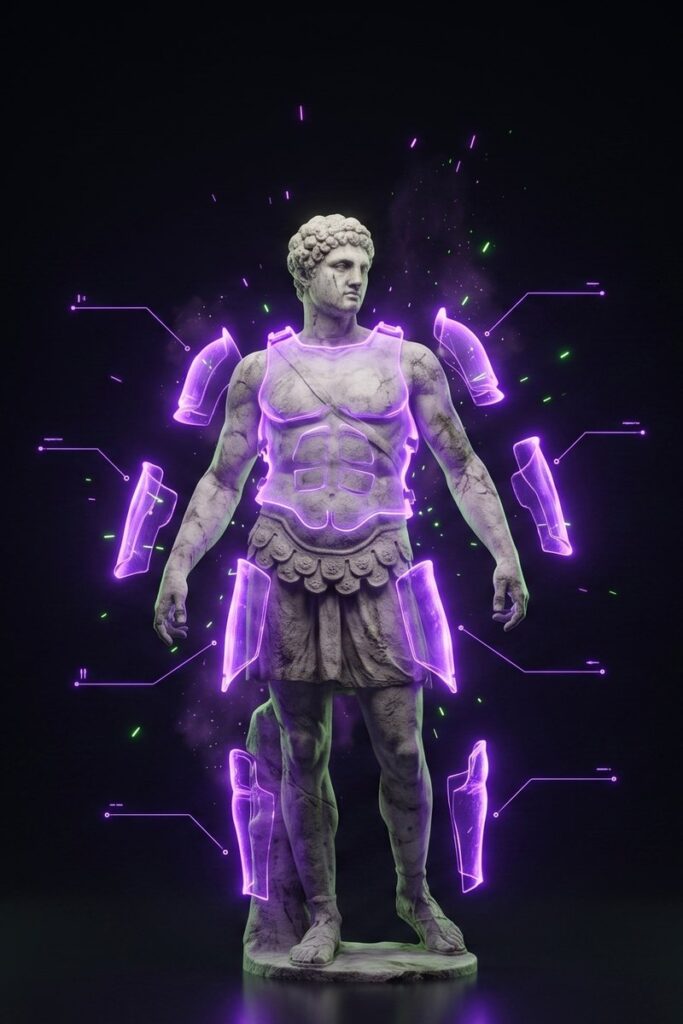 Stone warrior statue with glowing violet armor plates locking into place – you strap in before the fight, not during it