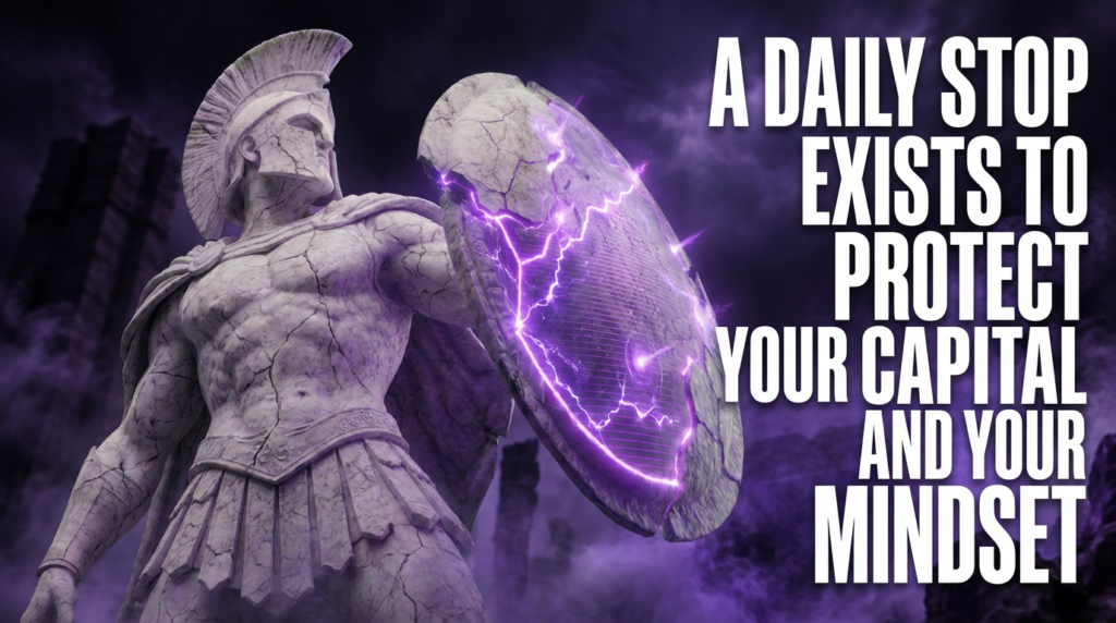 Cracked stone Spartan warrior raising a glowing violet shield – a daily stop exists to protect your capital and your mindset