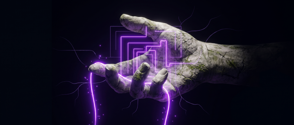 Cracked stone hand wired with violet current – forcing control you don't have