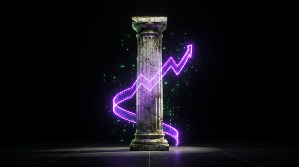 Cracked stone column wrapped in a rising violet trendline – learn to walk before you run