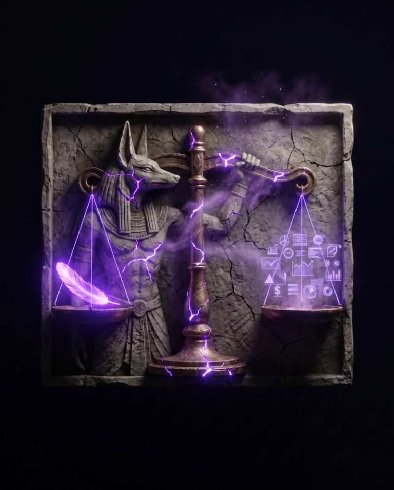 Stone relief of Anubis weighing a feather against glowing trading charts – risk management, not P&L, should tip the scale