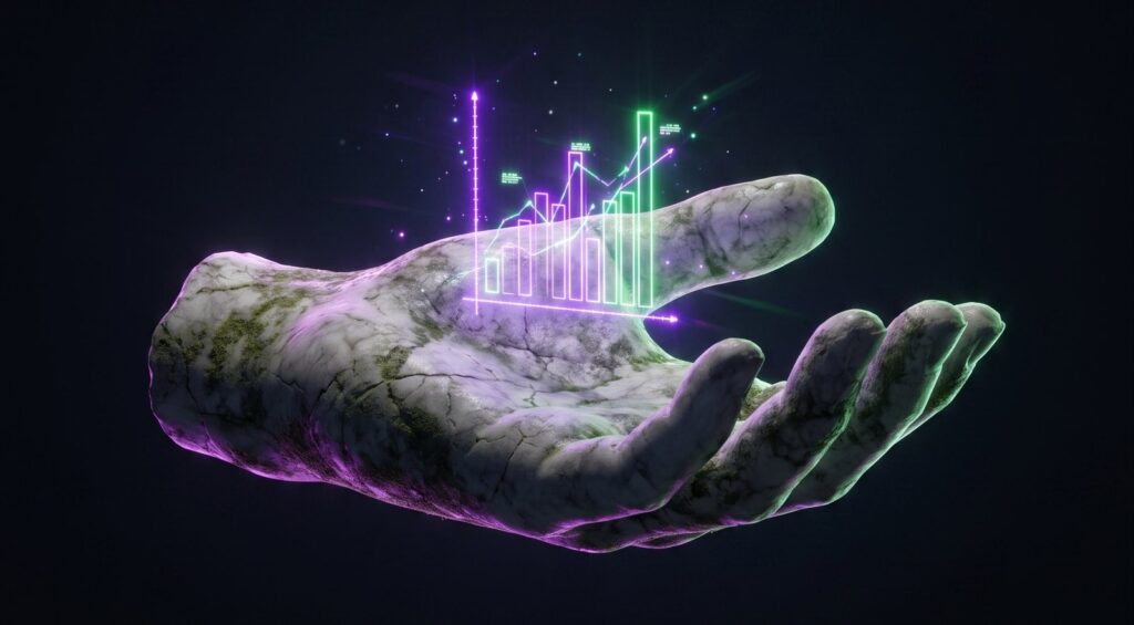 Stone hand holding a glowing bar chart – your numbers, in your hand