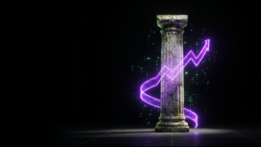 Cracked stone column wrapped in a rising violet trendline – growth needs something to climb