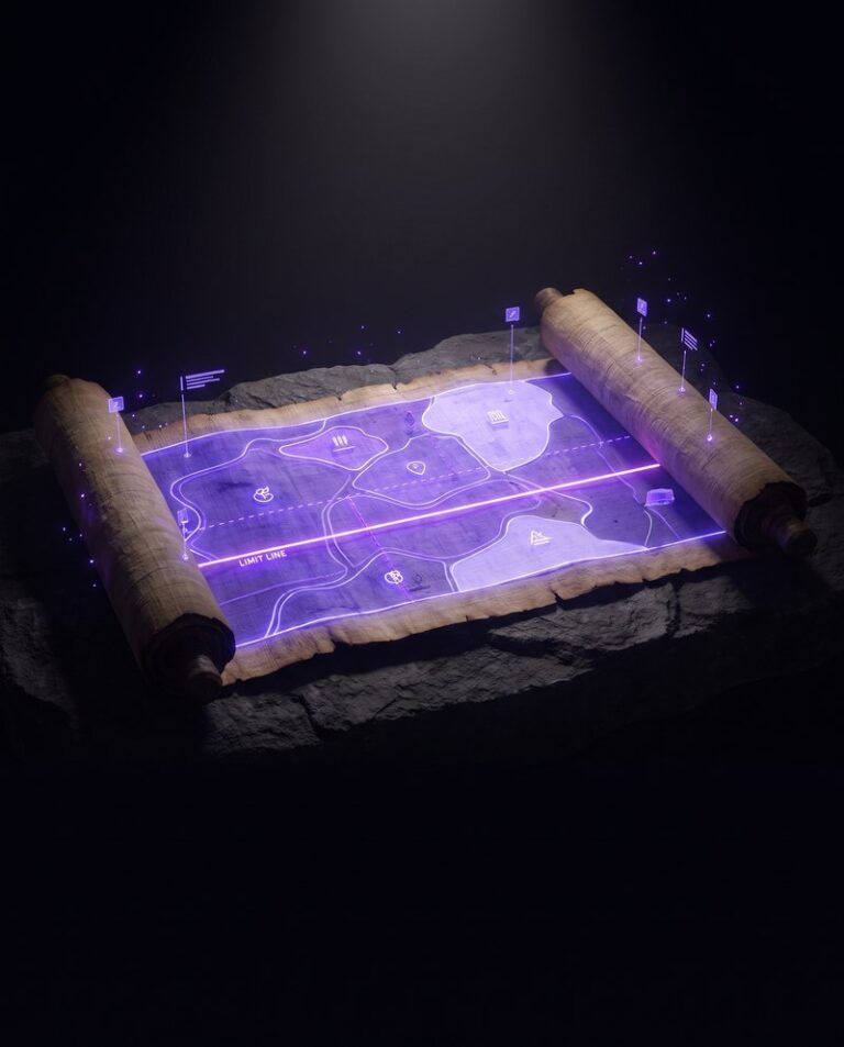 Ancient scroll unrolled into a glowing map with a marked limit line – a trading plan built on market conditions