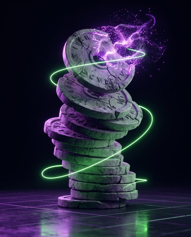 Tilting stack of stone coins with the top one crumbling into violet dust – hopes and excuses build up until it all falls