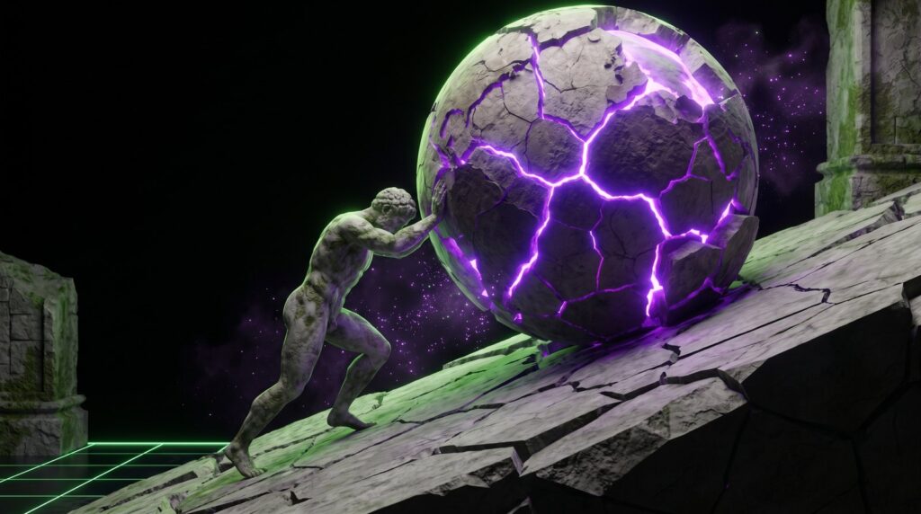 Stone figure pushing a cracked, glowing boulder uphill – trading without a stop makes it harder than it needs to be